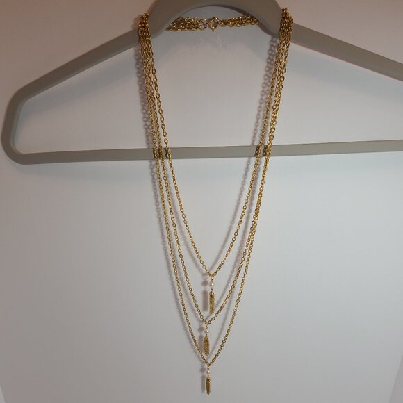 Vintage Gold-Tone Layered Chain Necklace with Faux Pearl & Tassel Drops - Picture 3 of 6